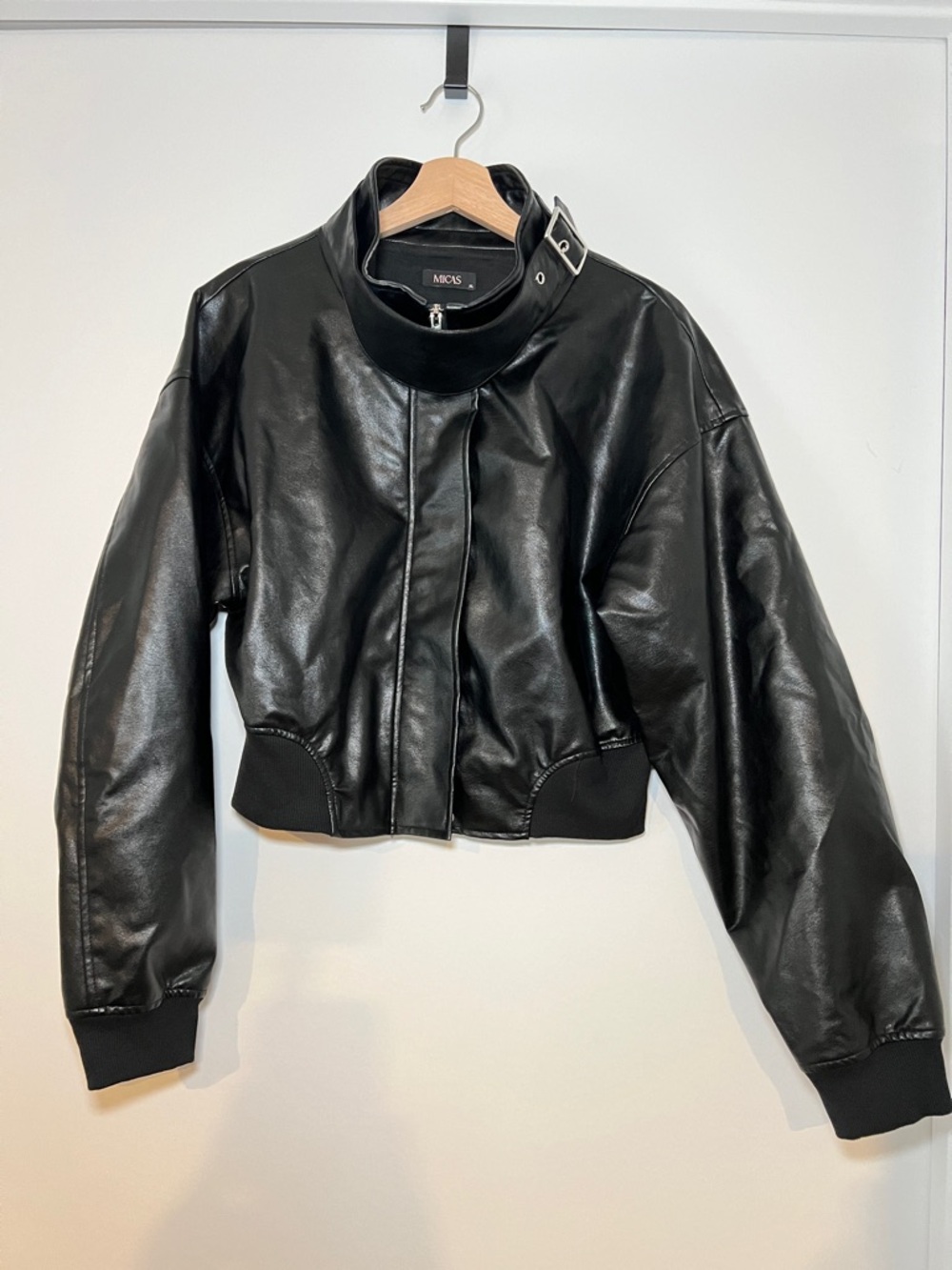 Mackage Black Leather Cropped Buckle-Neck Bomber Jacket